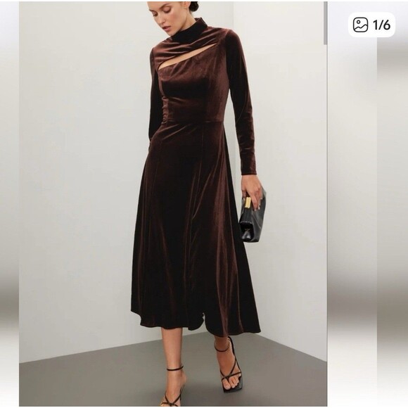 Rene Ruiz Collection Midi Dress Womens 4 Velvet Brown Mock Neck Cutout Chest - Picture 4 of 11